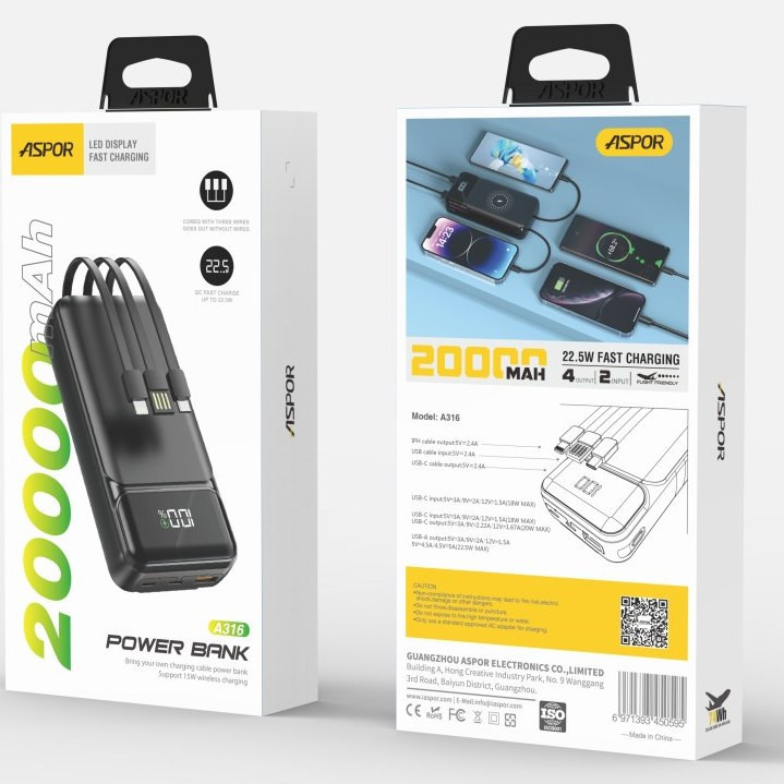 پاوربانک 20000 میلی آمپر Aspor