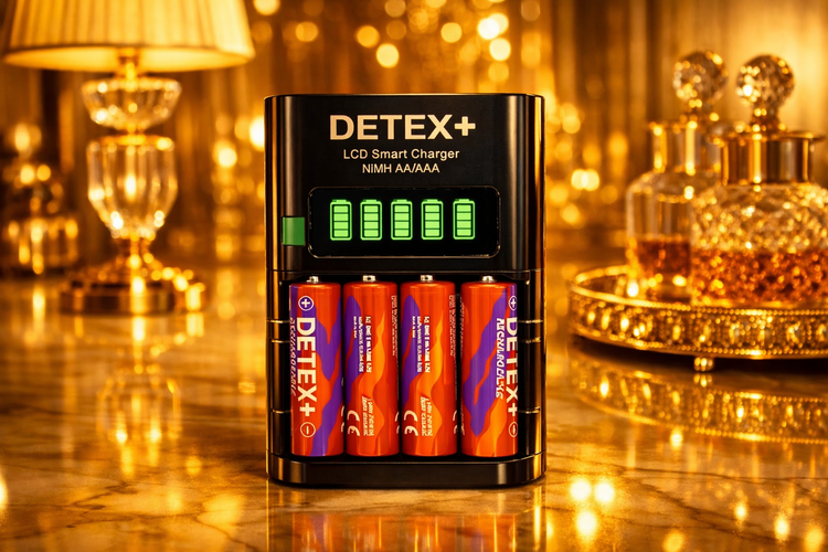 شارژر باتری +DETEX مدل LCD دار به همراه 4 عدد باتری قلمی قابل شارژ